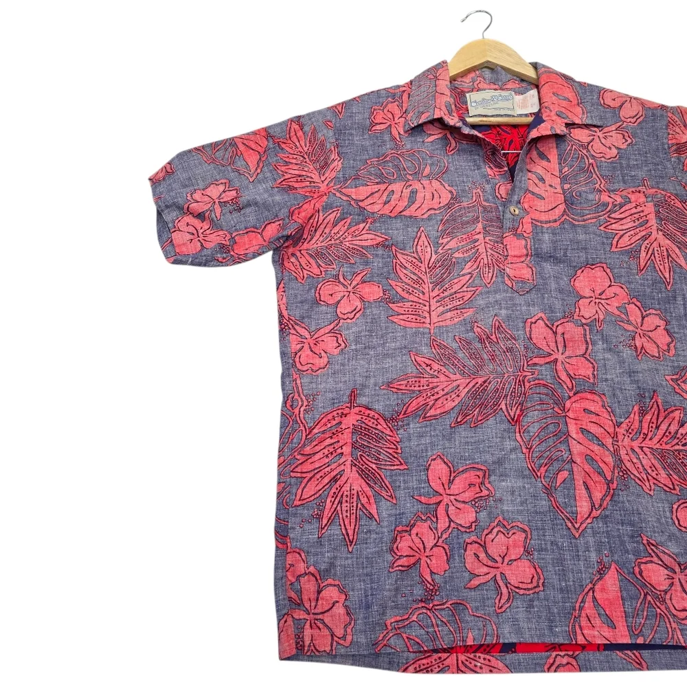 VTG Charlie Richard Shoreline Red/Blue 1/4 Button Up Hawaiian Shirt, Men's Sz XL